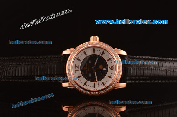 Patek Philippe Calatrava Swiss Quartz Rose Gold Case with Diamond Bezel and Black Leather Strap - Click Image to Close